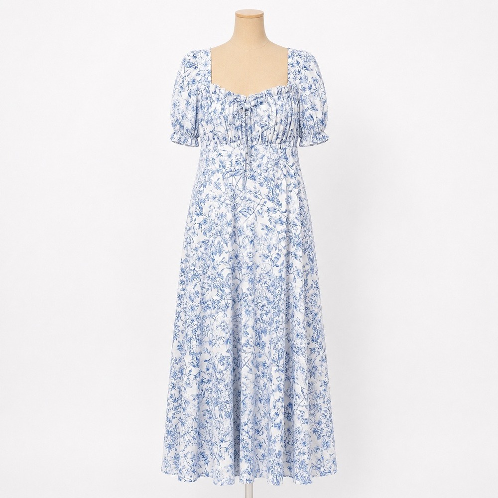 Floral Toile Milkmaid Puff Sleeve Peasant Maxi Dress M Blue Cottagecore Coquette